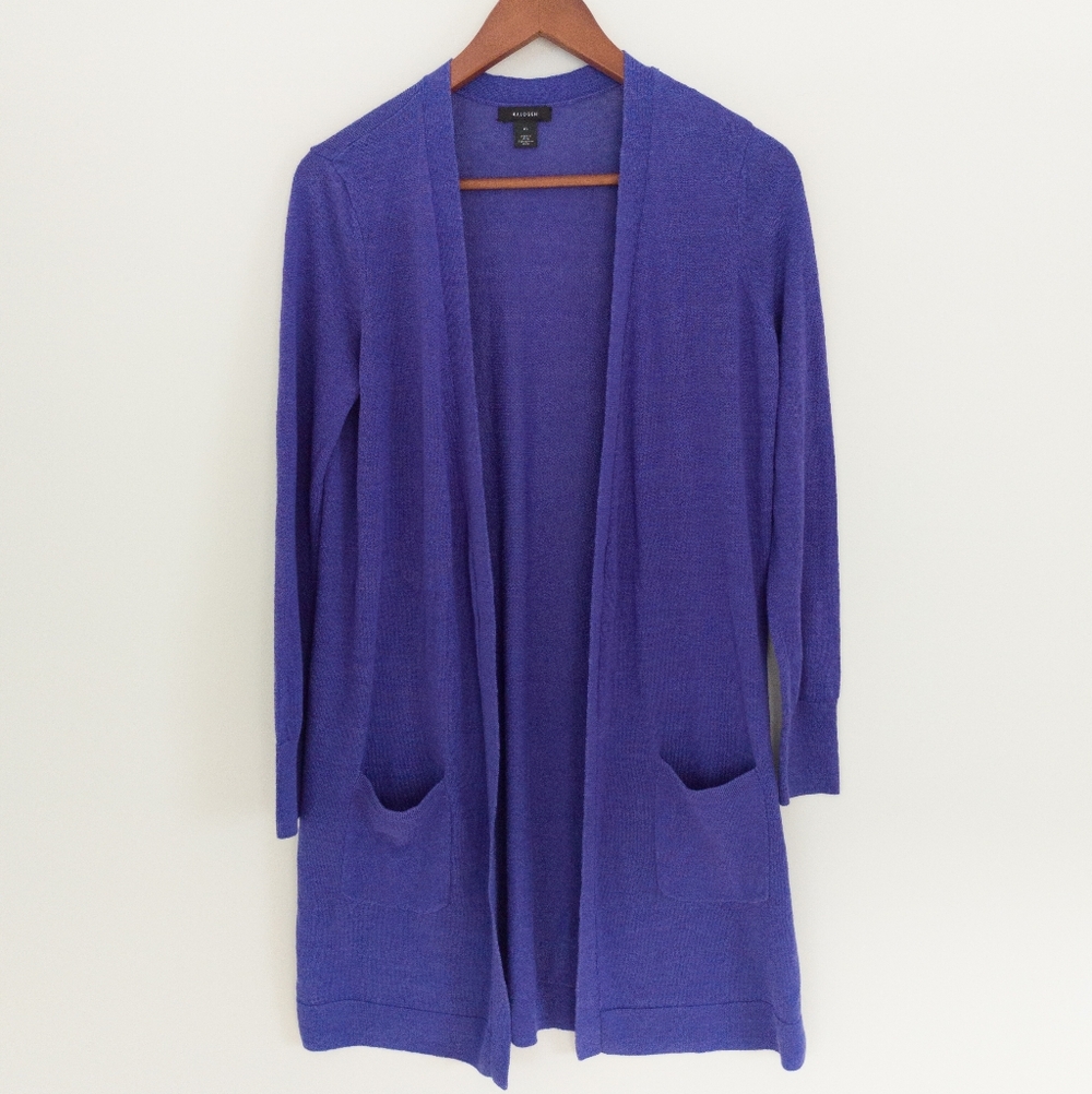Halogen Purple Linen Blend Open Front Longline Cardigan Sweater Medium Pockets